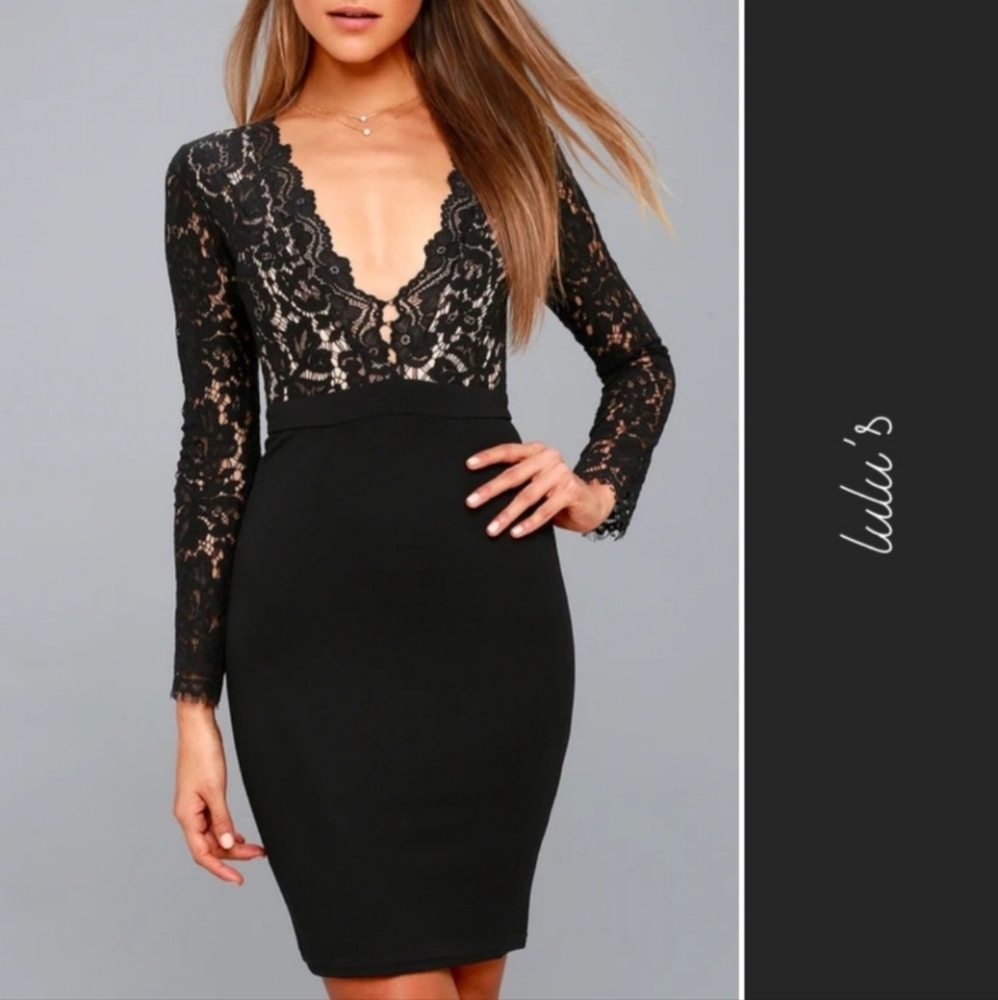 Lulu's Plunge Neck Lace Overlay Bodycon Dress